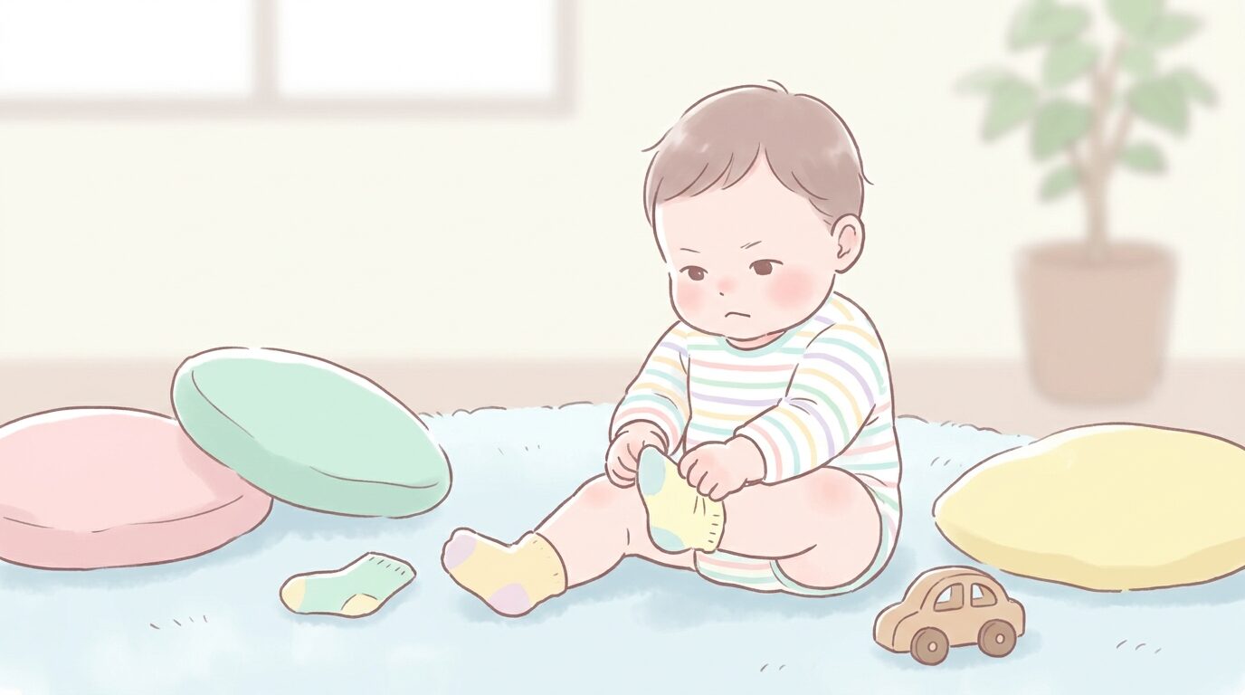 リビングで自分で靴下を履こうと真剣な表情で奮闘する1歳ごろの赤ちゃん