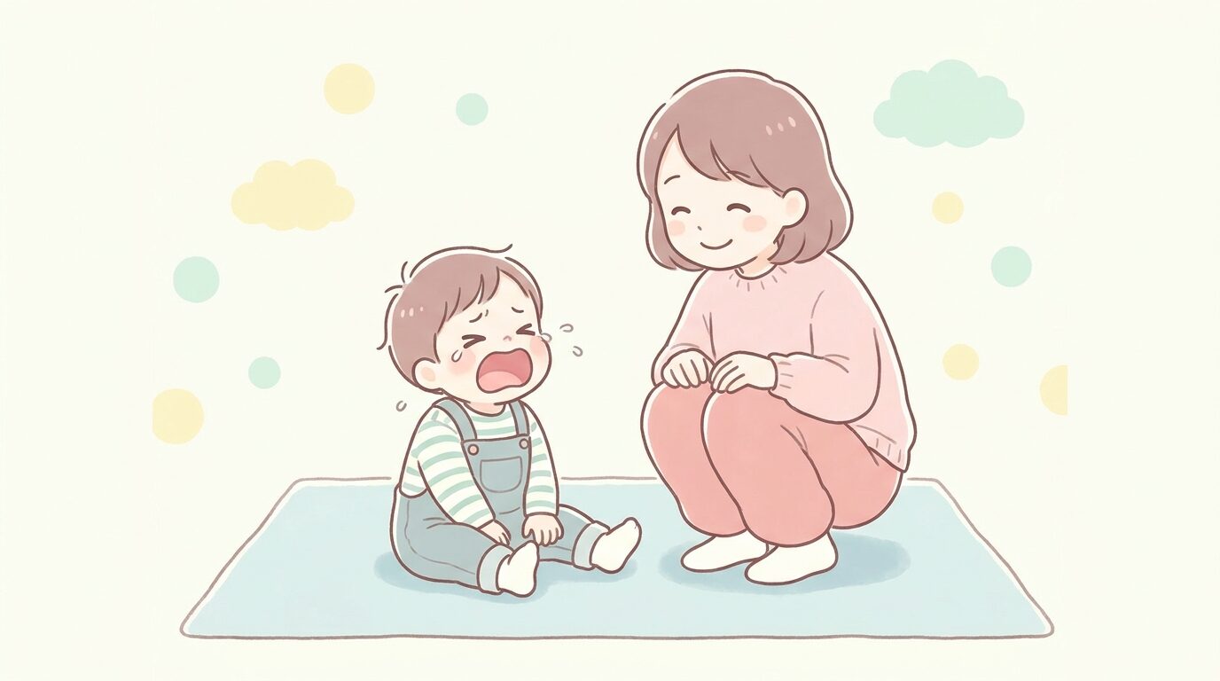 床に座って大きな口を開けて泣いている1歳児と、しゃがんで優しく見守る母親