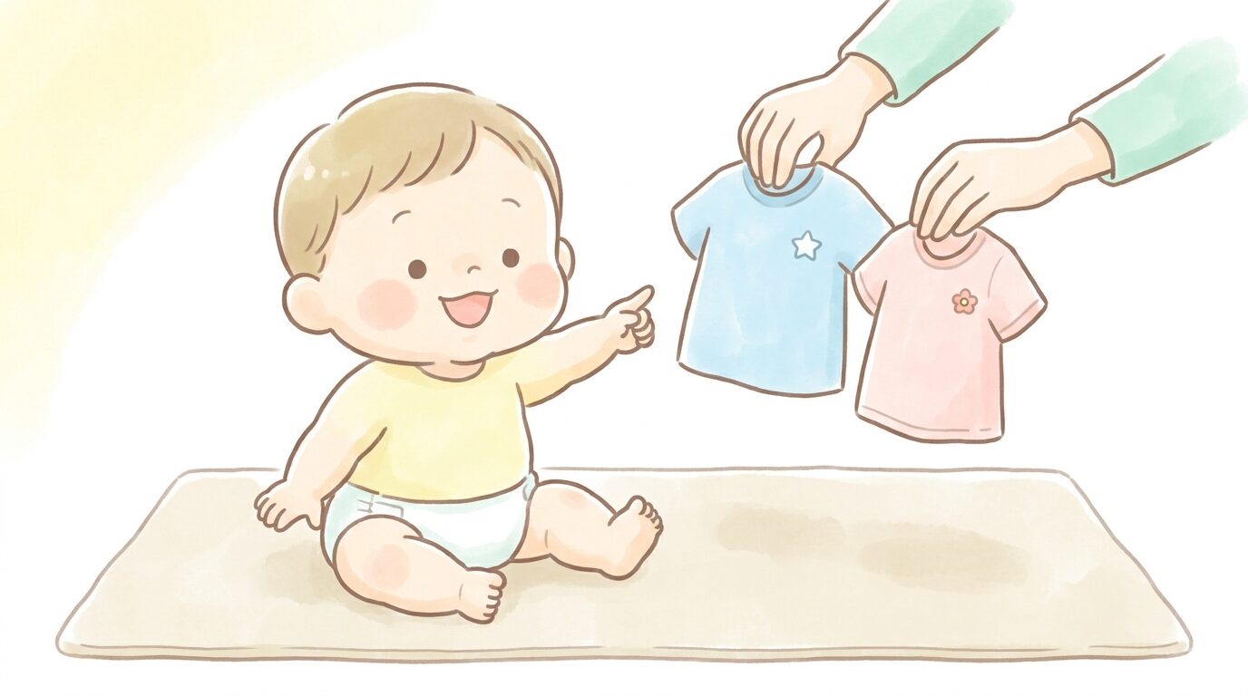 2枚の服を見せられて、どちらにするか指さしで選ぶ笑顔の1歳児
