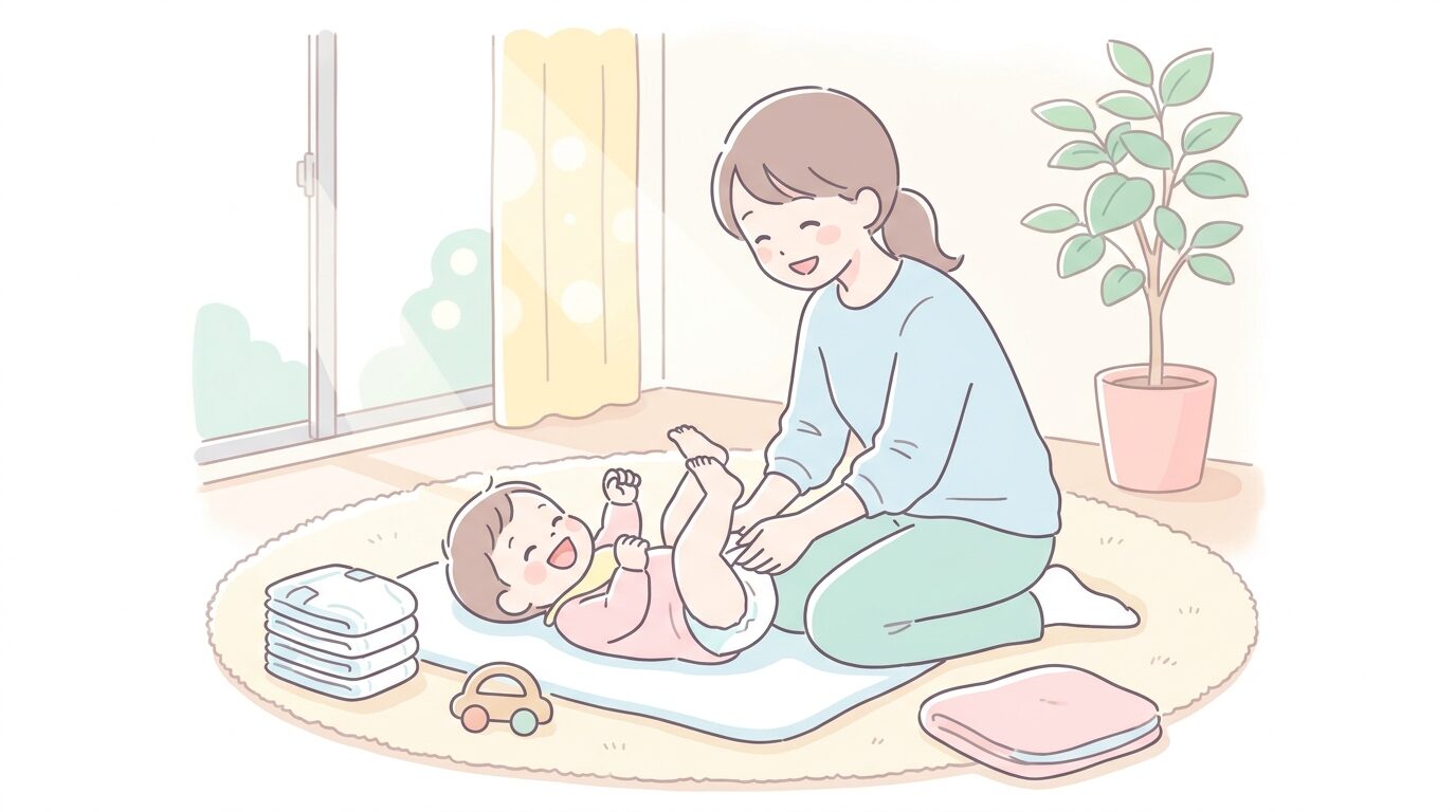 笑顔でおむつ替えをする母親と、仰向けで足を上げて笑っている1歳くらいの赤ちゃん、明るいリビングの雰囲気