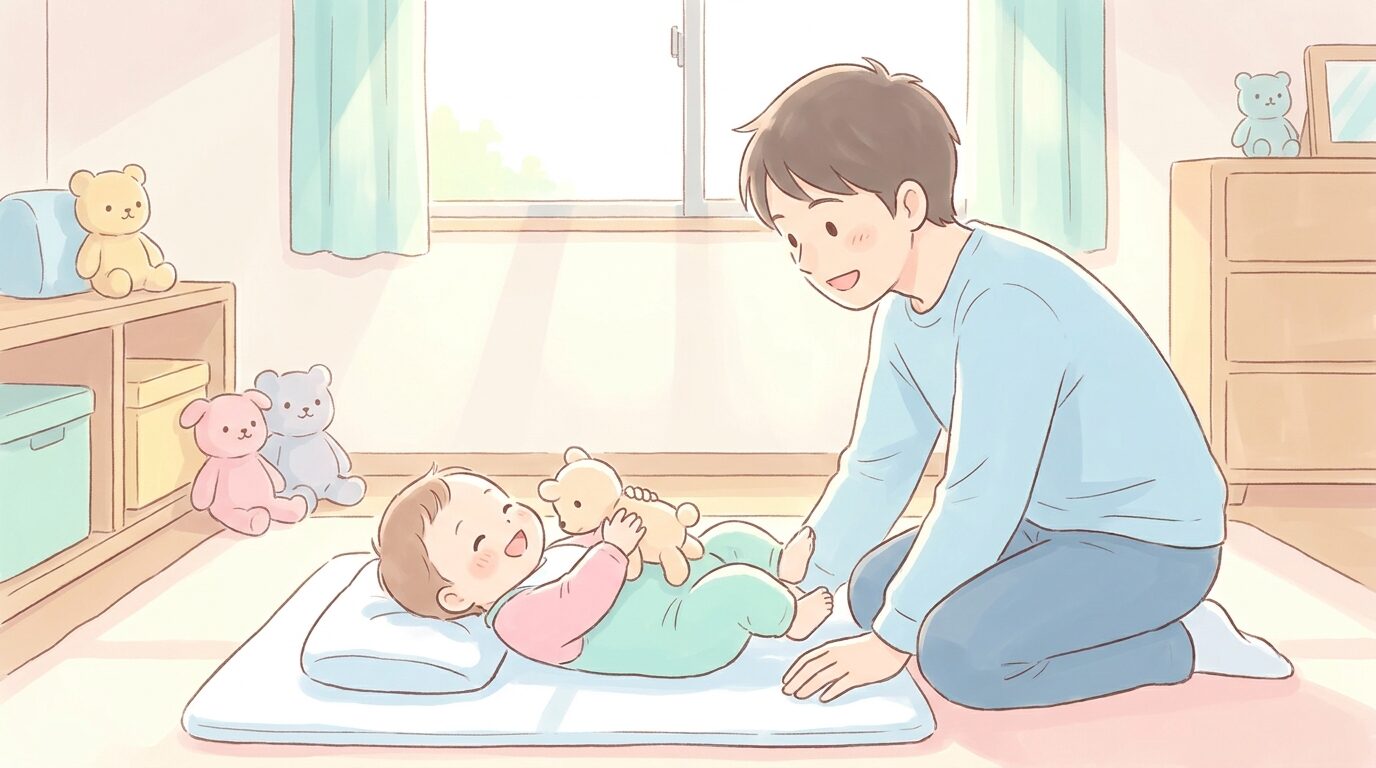 おもちゃを手に持ってご機嫌な赤ちゃんと、優しく見守りながら声をかける父親、柔らかい自然光の室内