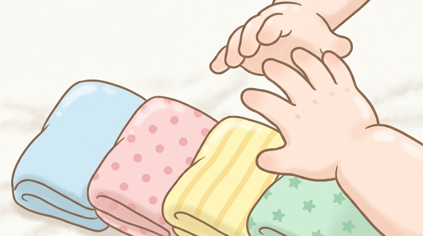 カラフルなおむつを数枚並べて、どれにするか嬉しそうに選んでいる1歳児の手元のアップ