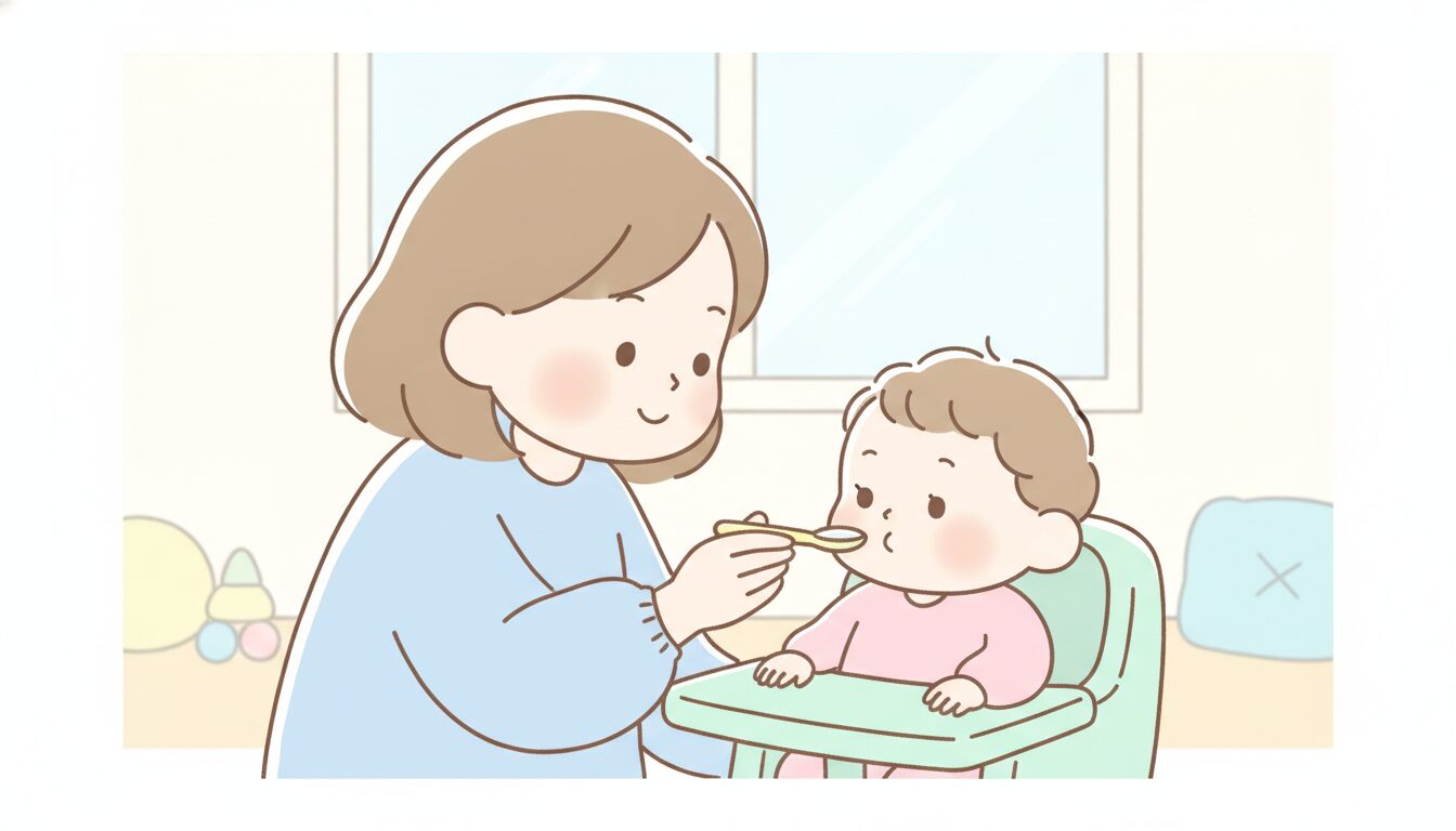 スプーンを差し出す母親と、それを見つめる1歳くらいの赤ちゃんの優しい雰囲気の室内シーン