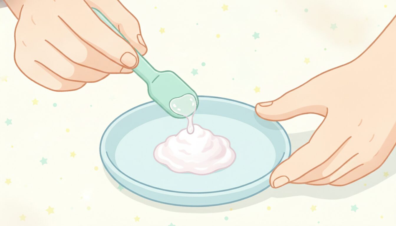 小皿の上で少量の水と粉薬を混ぜてペースト状にしている手元のクローズアップ