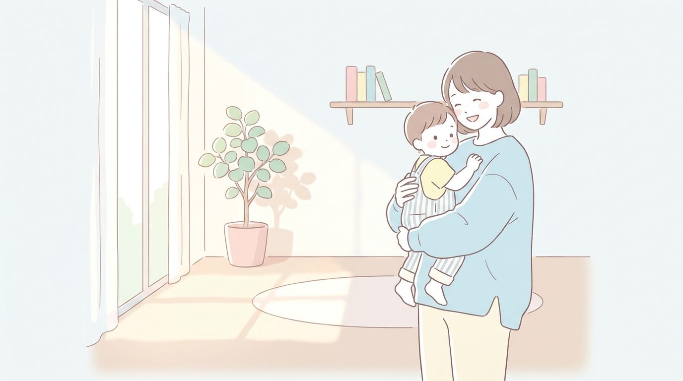 リビングで1歳の子どもを抱っこして優しく微笑む母親、自然光が差し込む温かい雰囲気