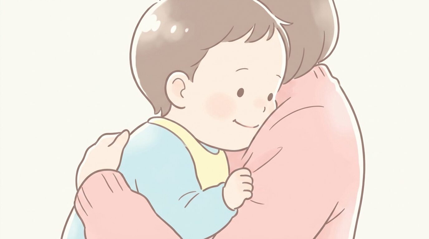 抱っこされた1歳の子どもが安心した表情で親の肩にもたれかかっている横顔のアップ