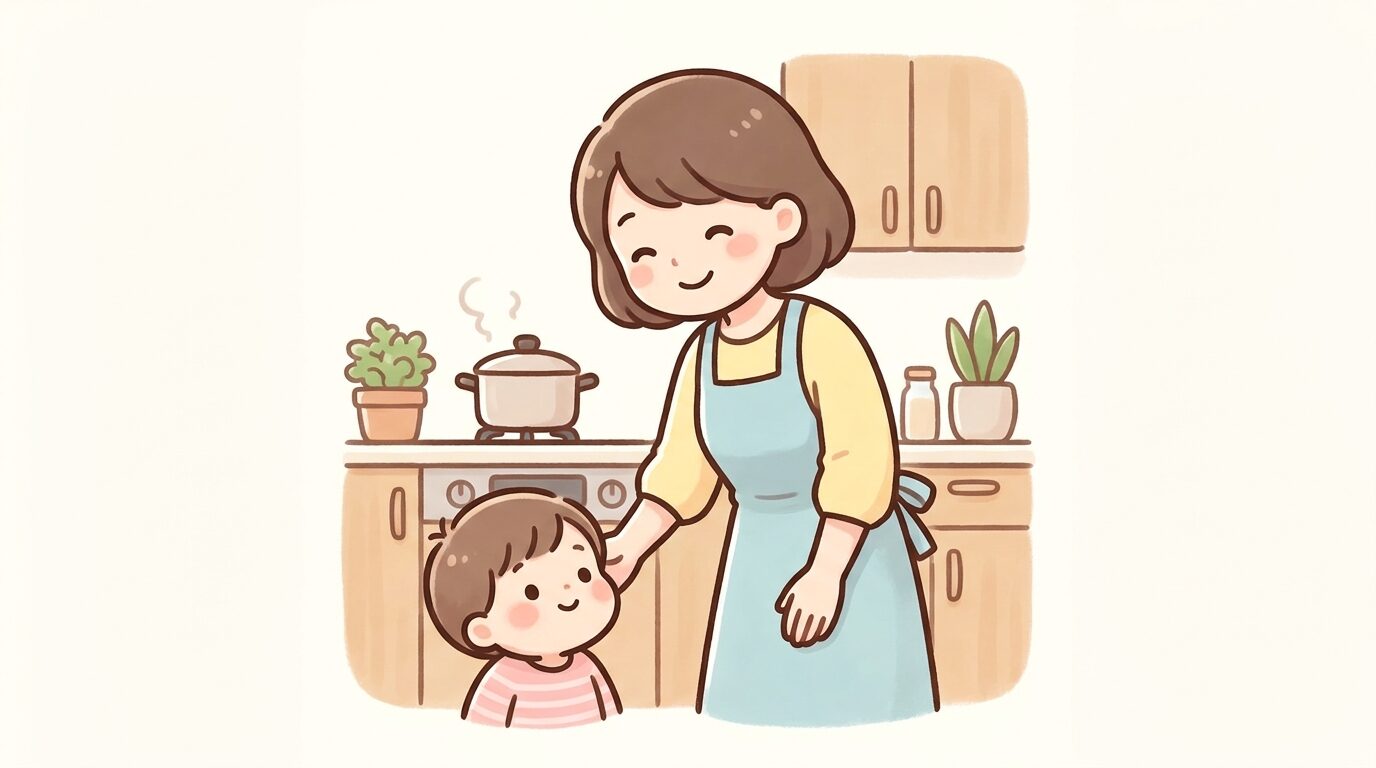 キッチンで料理をしながら足元の子どもに笑顔で声をかける母親の様子