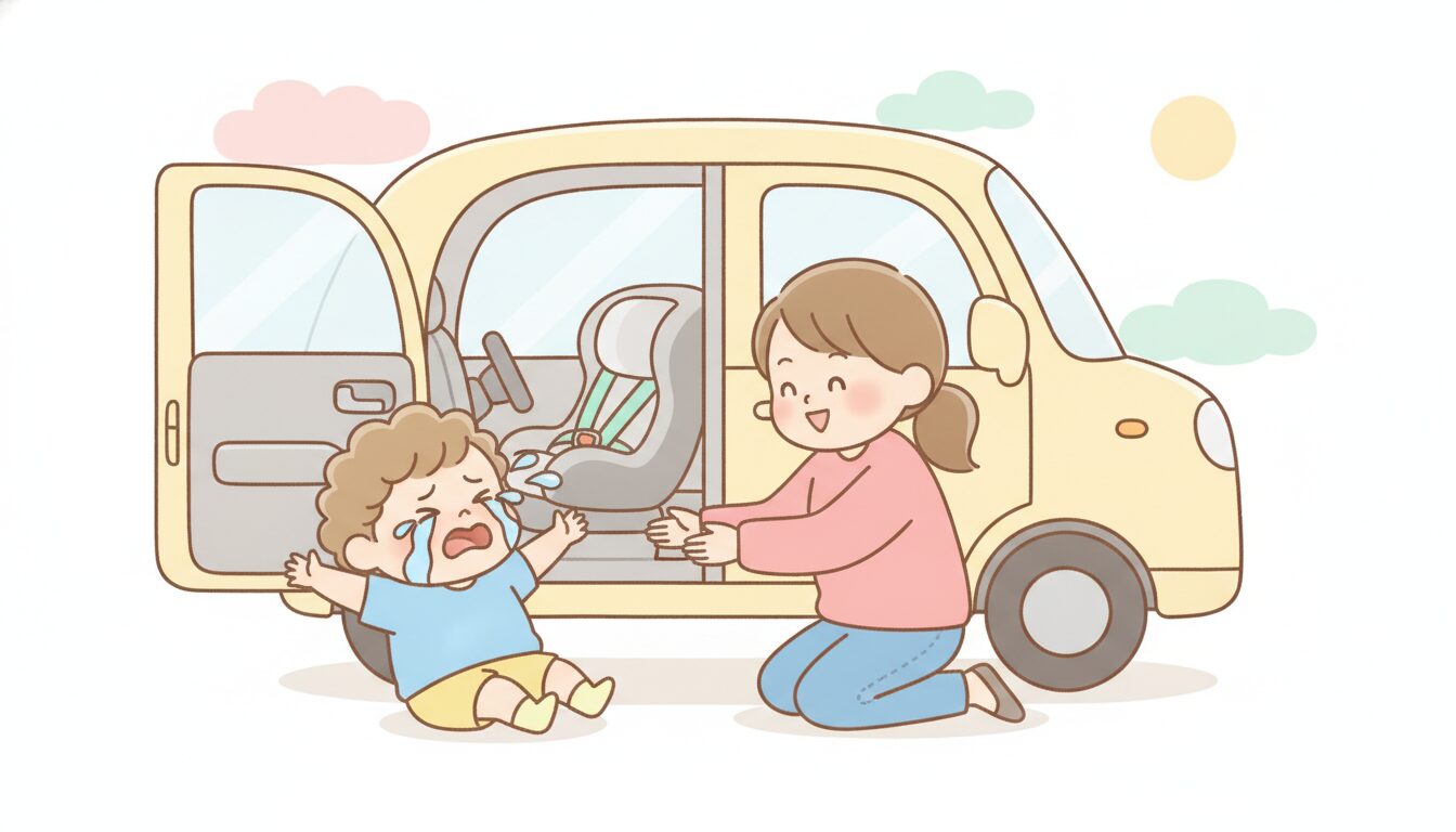 車のドアの前でチャイルドシートに乗るのを嫌がって泣いている1歳くらいの子どもと、優しく見守る母親