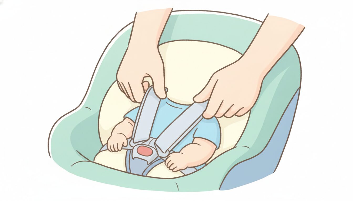 チャイルドシートのベルトの締め具合を確認する母親の手元のクローズアップ
