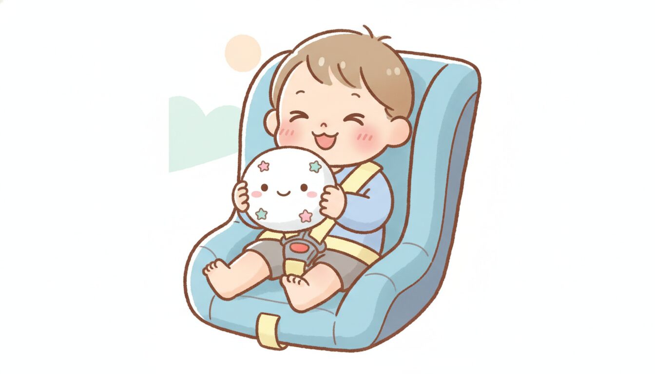 チャイルドシートに座ってお気に入りのおもちゃで笑顔で遊んでいる1歳児