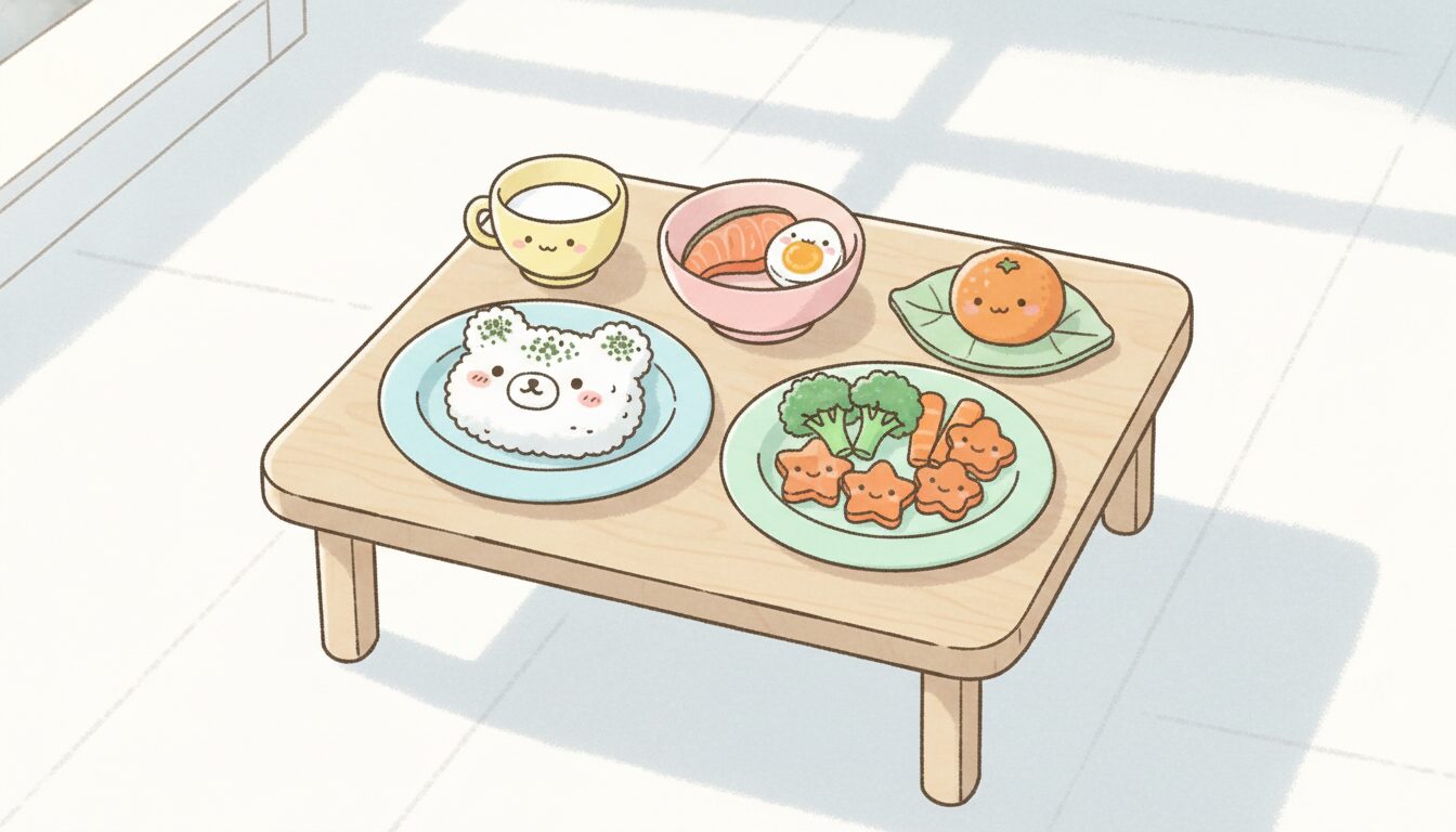 主食・主菜・副菜が並んだ栄養バランスの整った幼児向け朝食のテーブル風景
