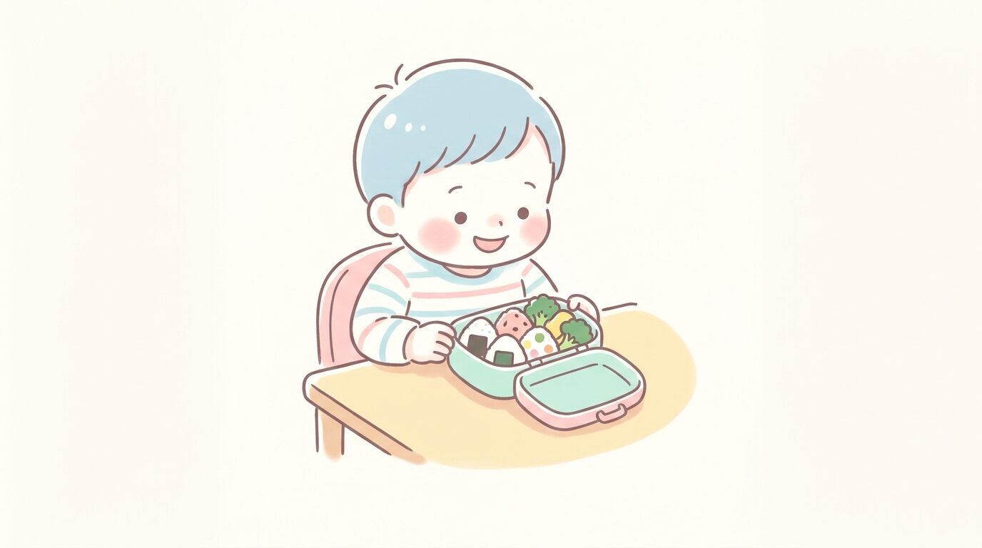 カラフルな一口おにぎりとブロッコリーが詰められた幼児用の小さなお弁当箱を、笑顔で見つめる2歳くらいの子ども