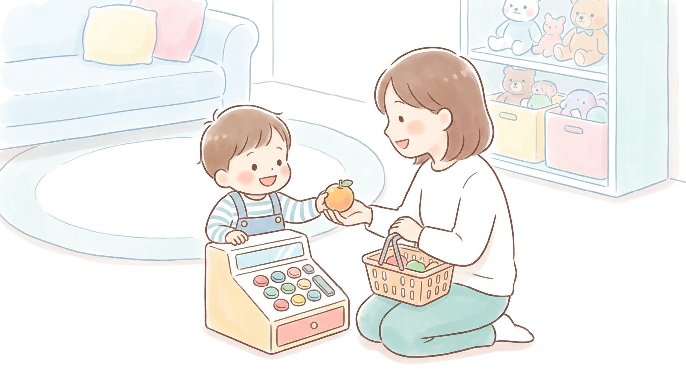 おもちゃのレジを前に店員さんになりきって笑顔で遊ぶ2歳くらいの子どもと、お客さん役の母親の温かい家庭の様子