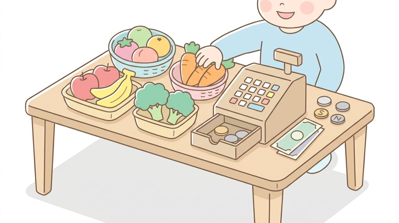 色画用紙やフェルトで手作りした果物や野菜の食材おもちゃと、紙で作ったお金やレジが並んだテーブルの様子