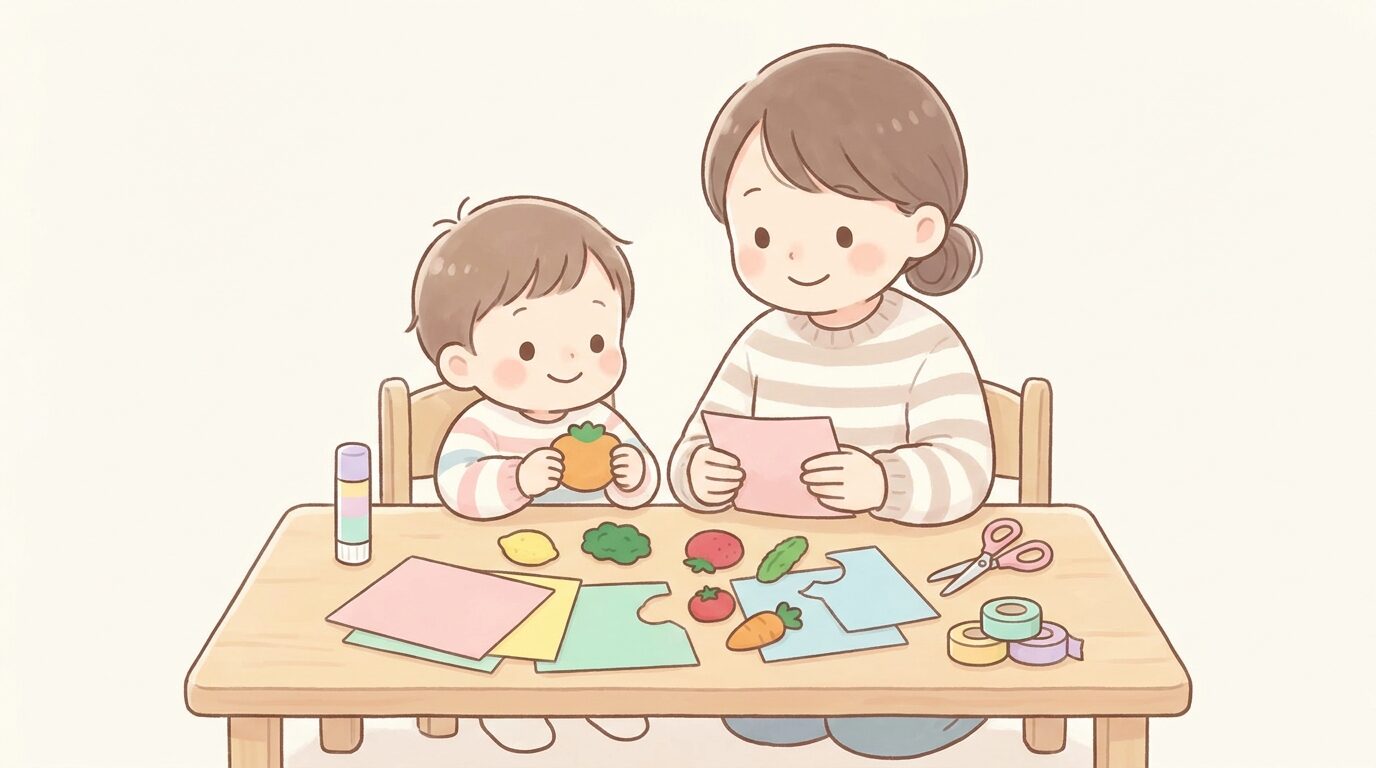親子で一緒に色画用紙やフェルトを使ってお店屋さんごっこの商品を手作りしている、ハサミやのりが置かれた机の様子