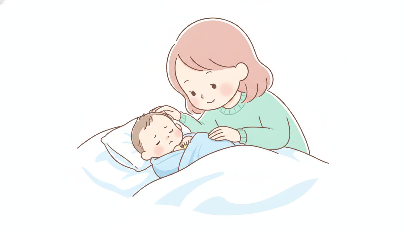 白い布団の上で気持ちよさそうに眠る生後数週間の新生児を見守る母親の優しい表情