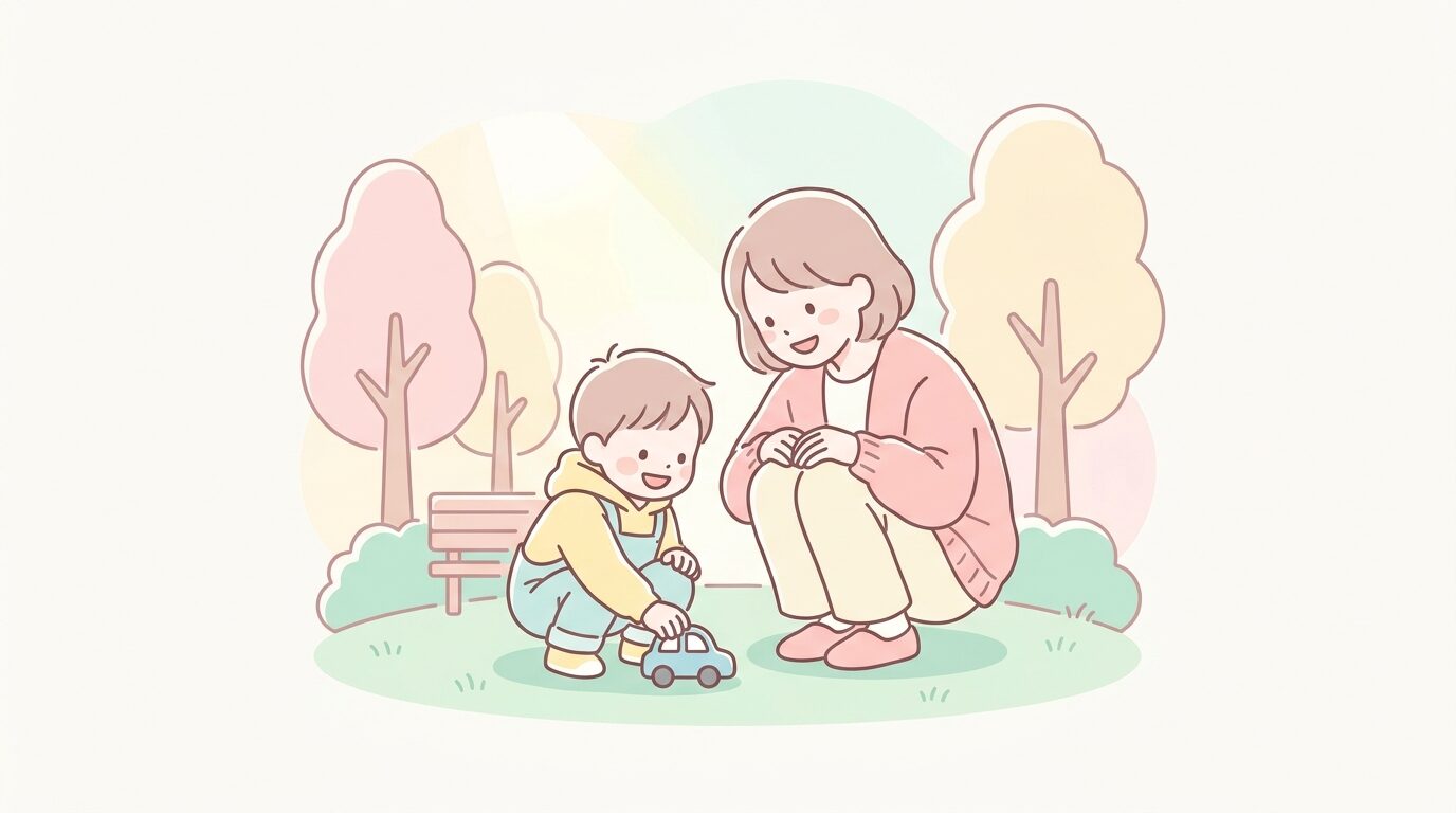 公園でミニカーを手に持って笑顔で遊ぶ2歳くらいの子どもと寄り添う母親