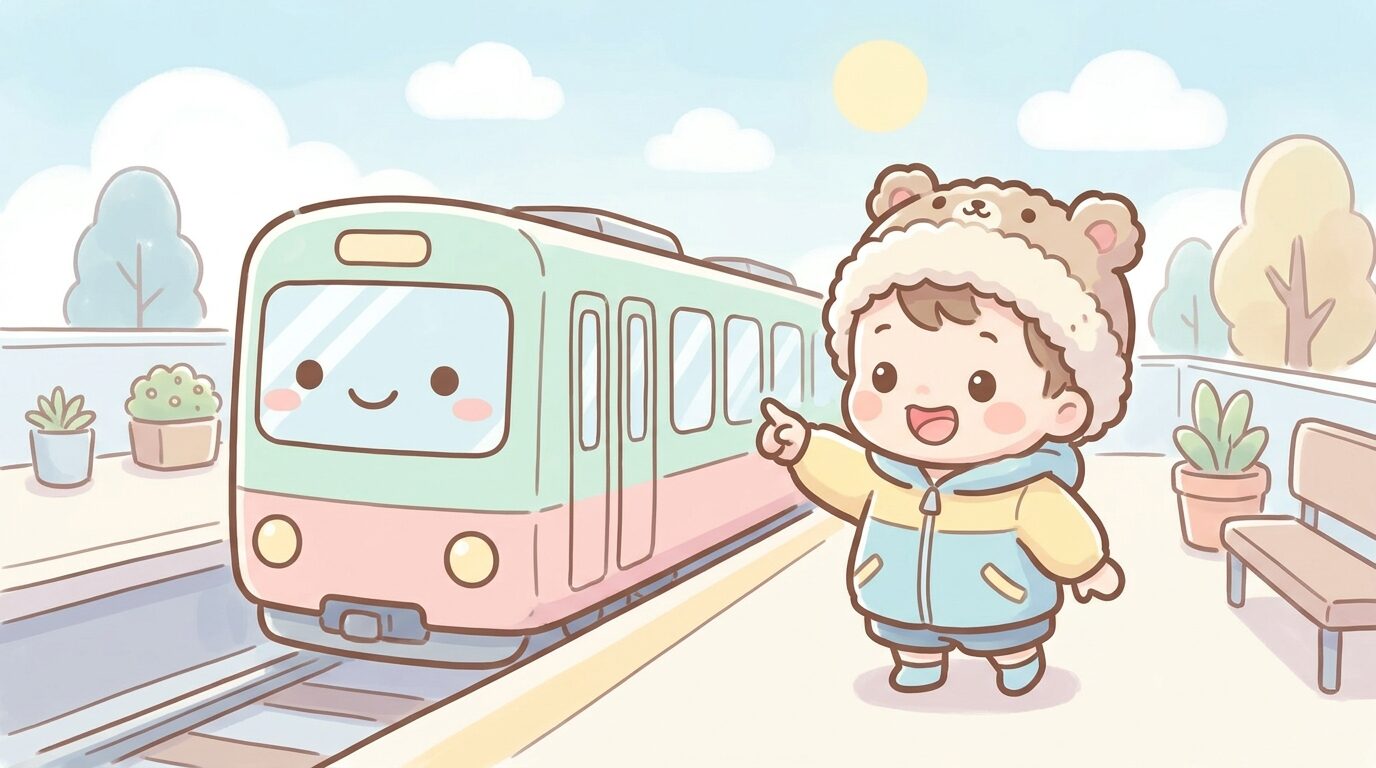 駅のホームで電車を指さしながら興奮した表情を見せる小さな子ども