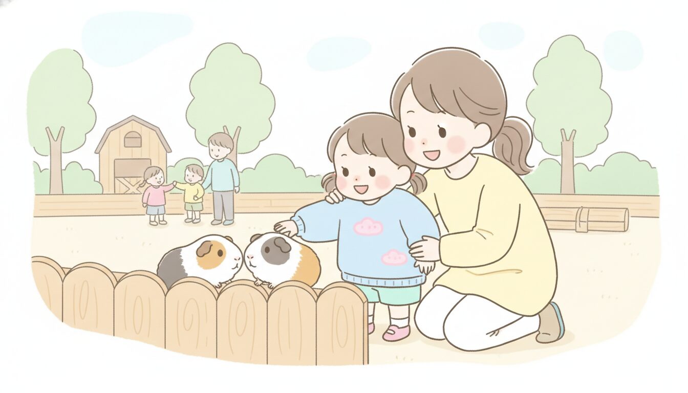 柵越しにモルモットをそっとなでて笑顔を見せる2歳くらいの女の子と寄り添う母親、明るい屋外のふれあい広場