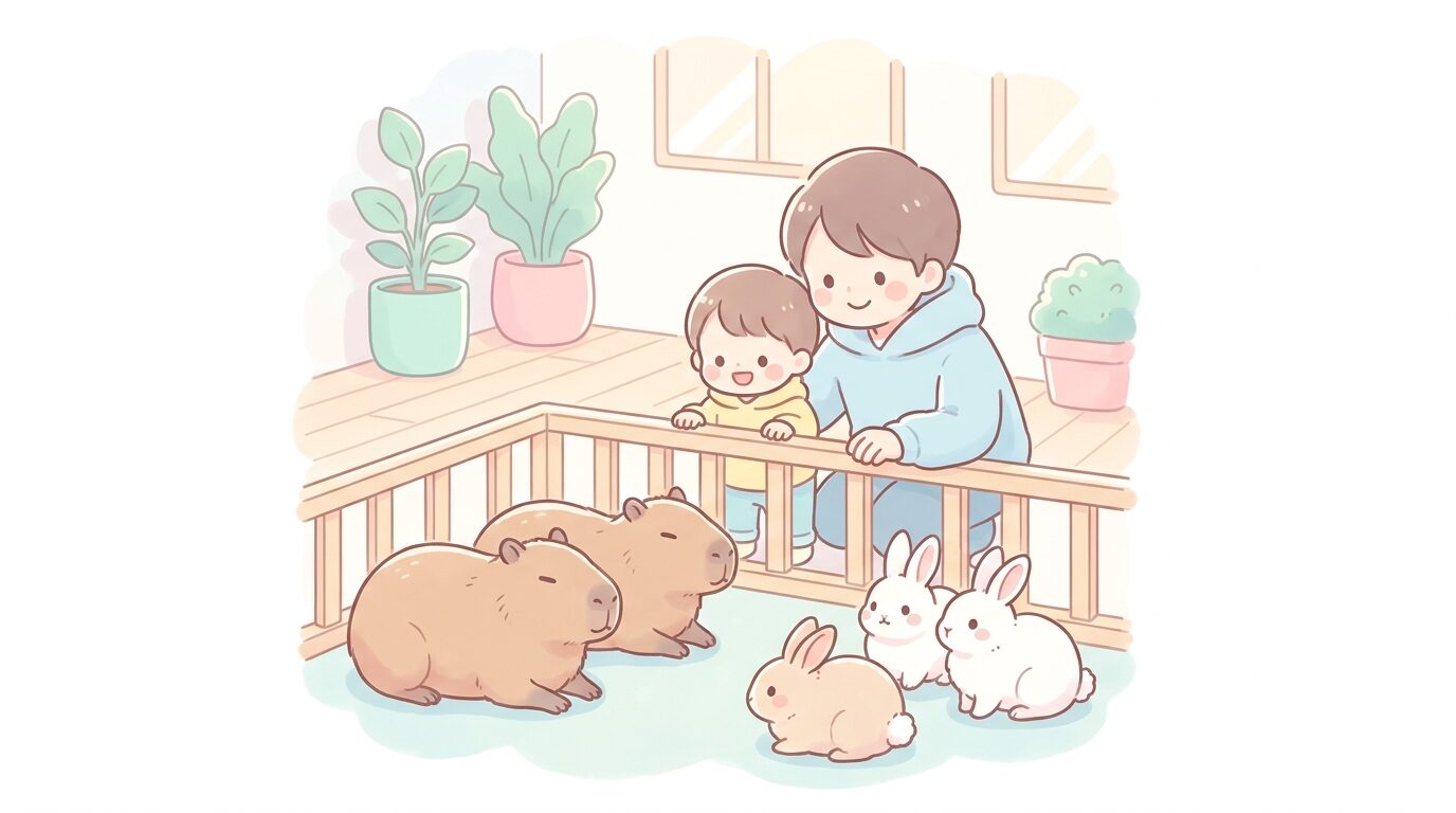 屋内型ふれあい施設でカピバラやウサギを眺める親子連れ、清潔で明るい店内の様子