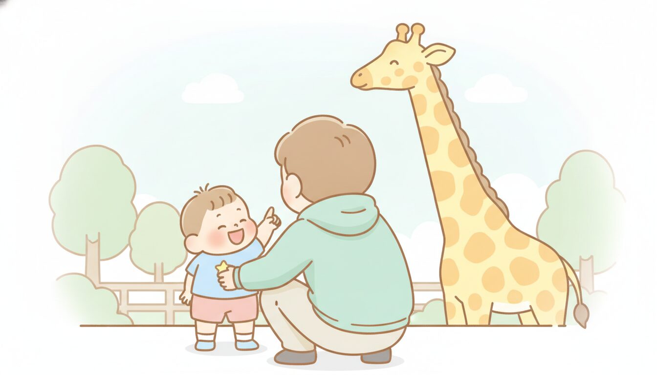 動物園で大きなキリンを指さして声をあげる2歳児と、しゃがんで目線を合わせる父親の後ろ姿