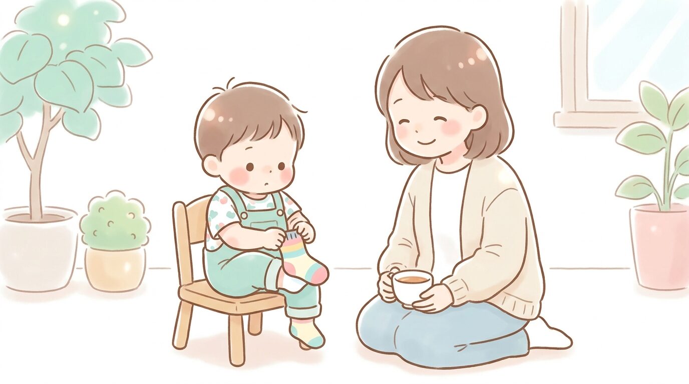 子ども用の低い椅子に座り自分で靴下を履こうと真剣に取り組む2歳児と、隣で穏やかに見守る母親