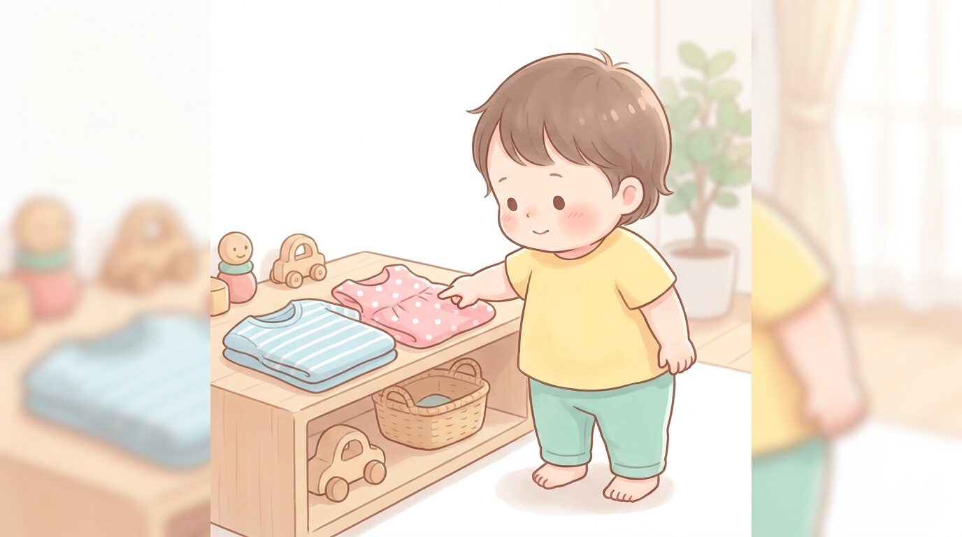 棚に並んだ2着の子ども服を指さして自分で選ぼうとしている2歳児の様子