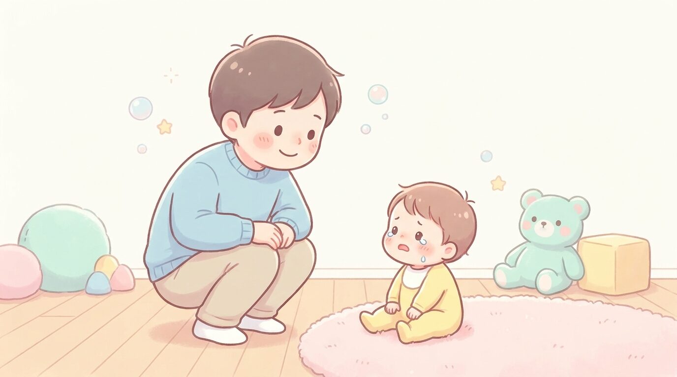 床に座って泣いている2歳児のそばにしゃがみ、同じ目線で穏やかに語りかける父親