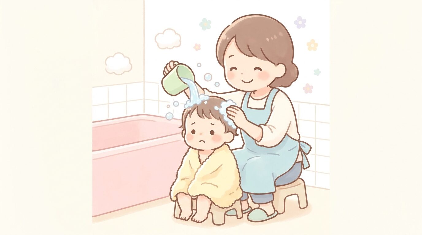 浴室で母親に髪を洗ってもらいながら少し不安そうな表情を浮かべる2歳くらいの子ども