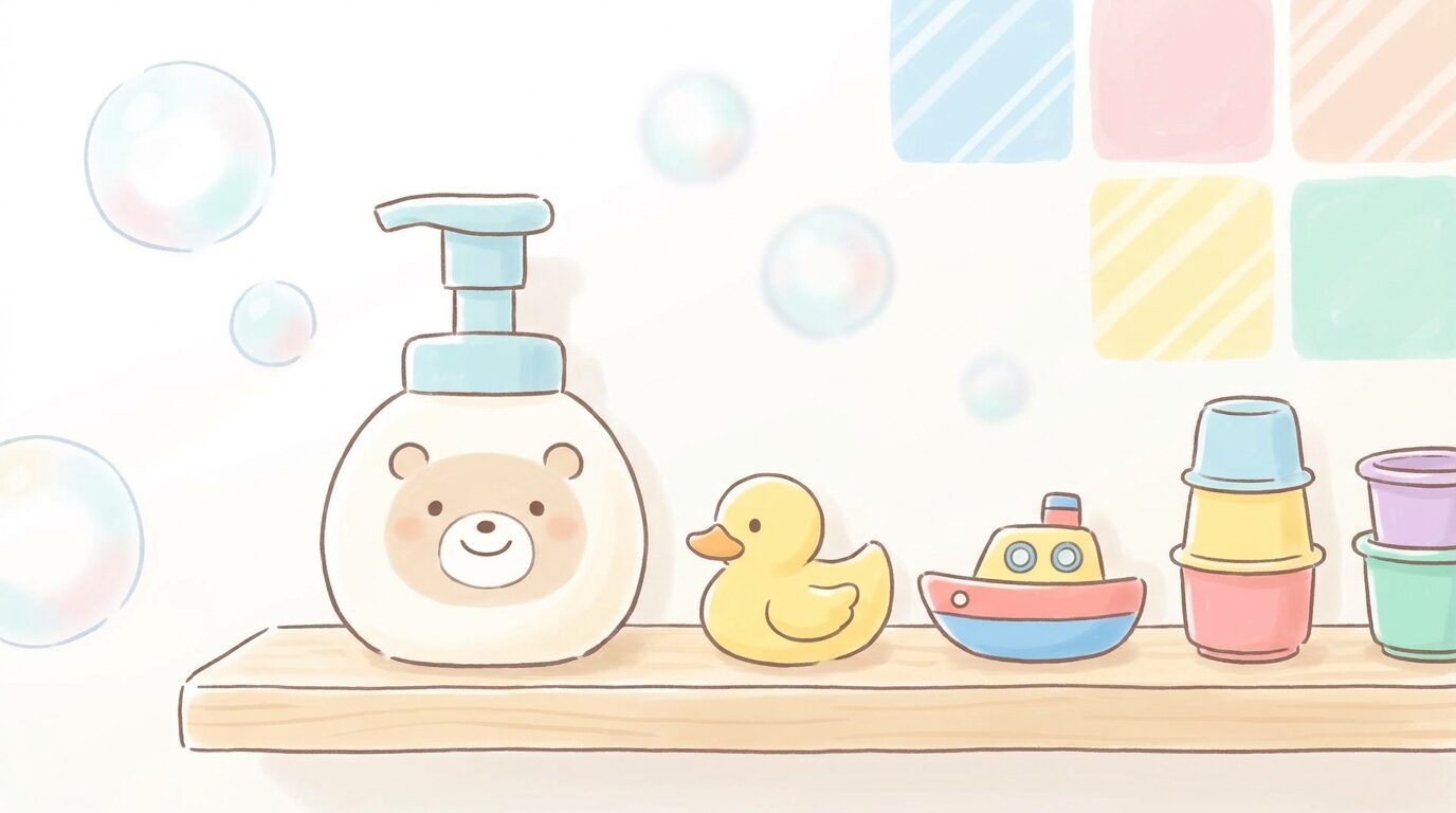 泡で出てくるポンプ式の子ども用シャンプーボトルと色とりどりのお風呂用おもちゃが並んだ浴室の棚