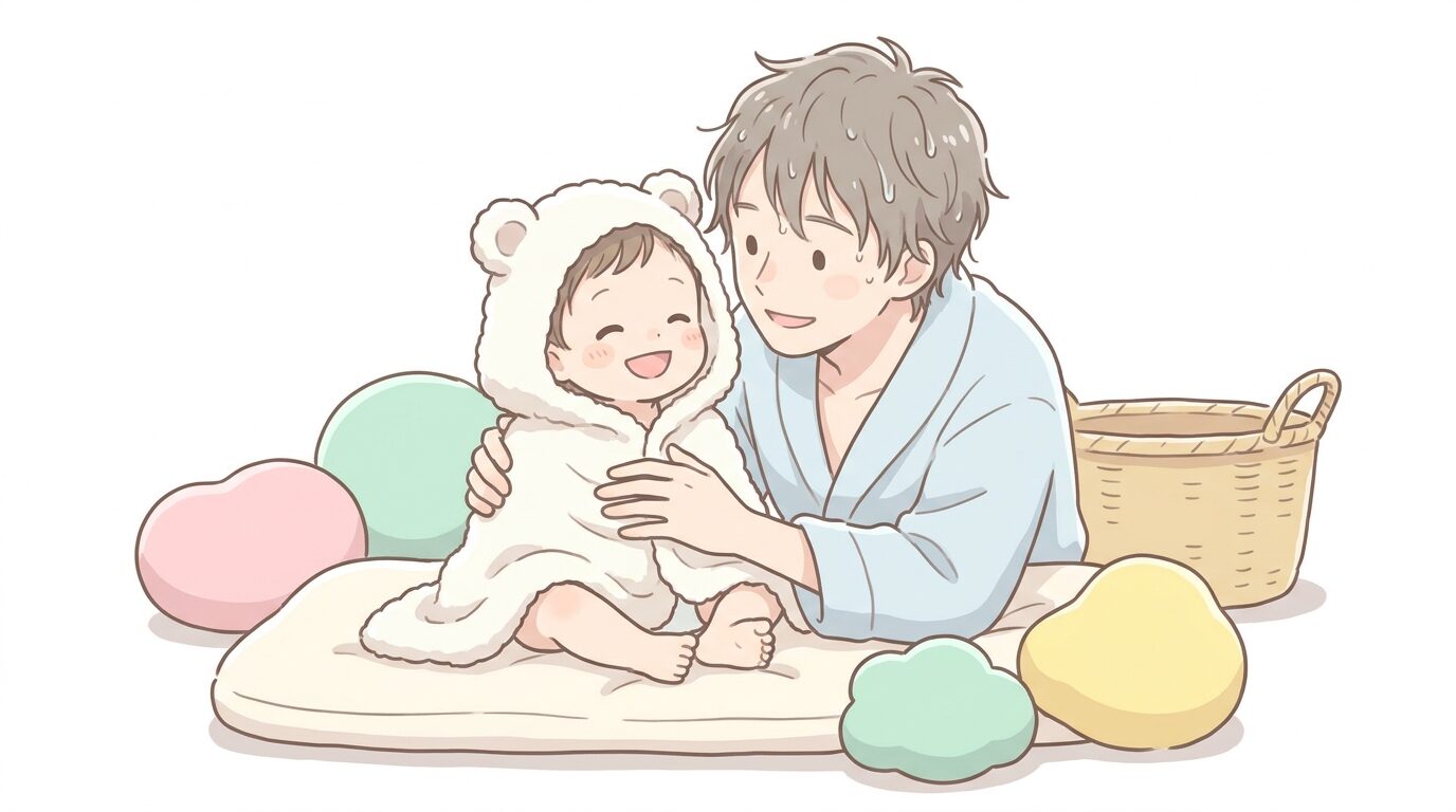 お風呂上がりにタオルにくるまれて笑顔を見せる2歳の子どもと寄り添う親