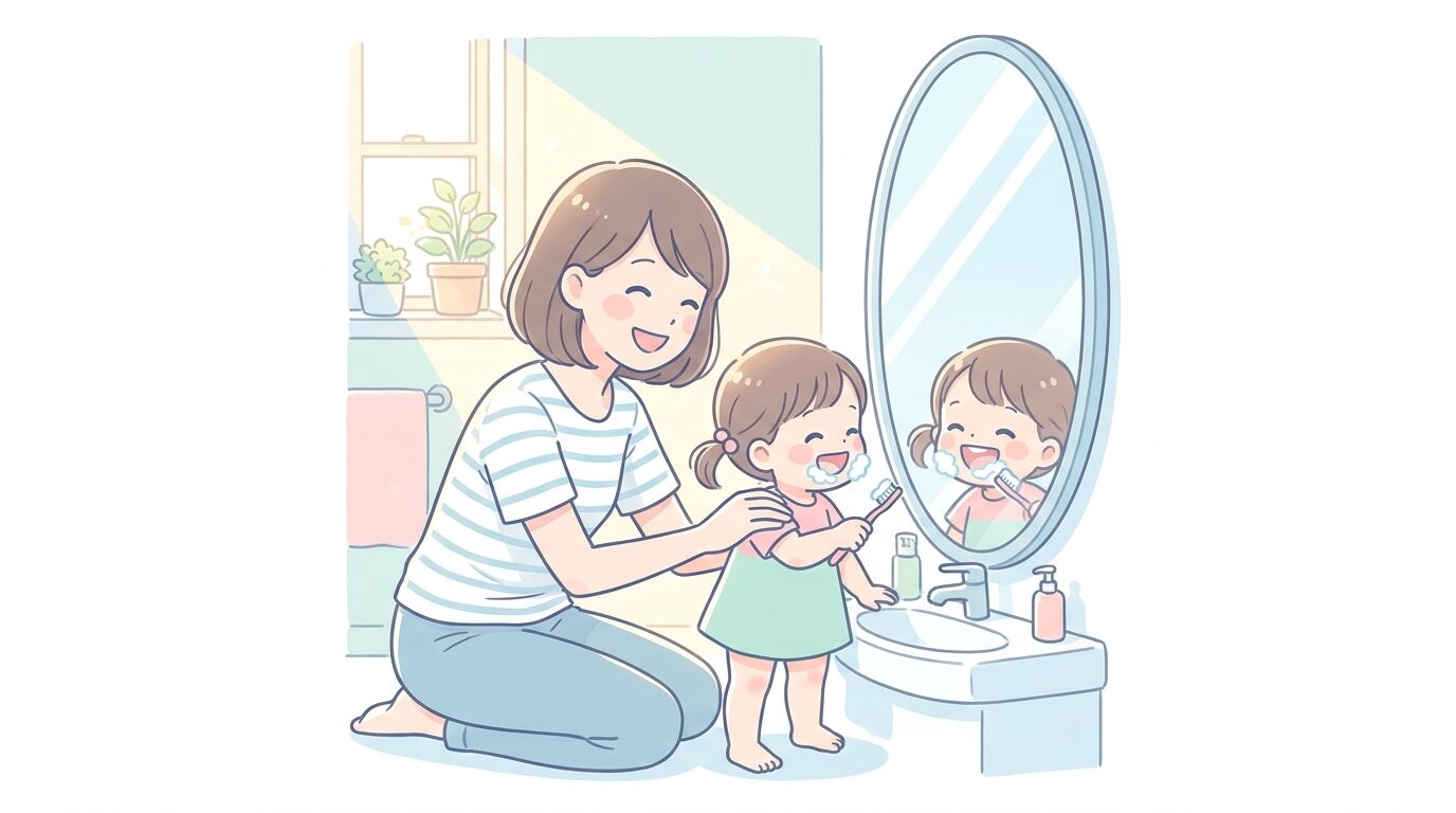 洗面所で笑顔の母親が2歳の女の子に歯ブラシを持たせて一緒に歯磨きを楽しんでいる明るい朝の様子