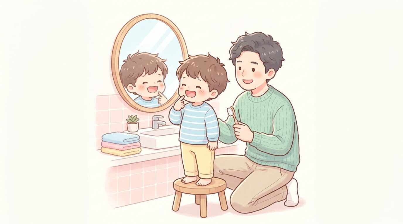 鏡の前で自分の歯を指差しながら笑う2歳の男の子と、隣でやさしく見守る父親の温かい場面