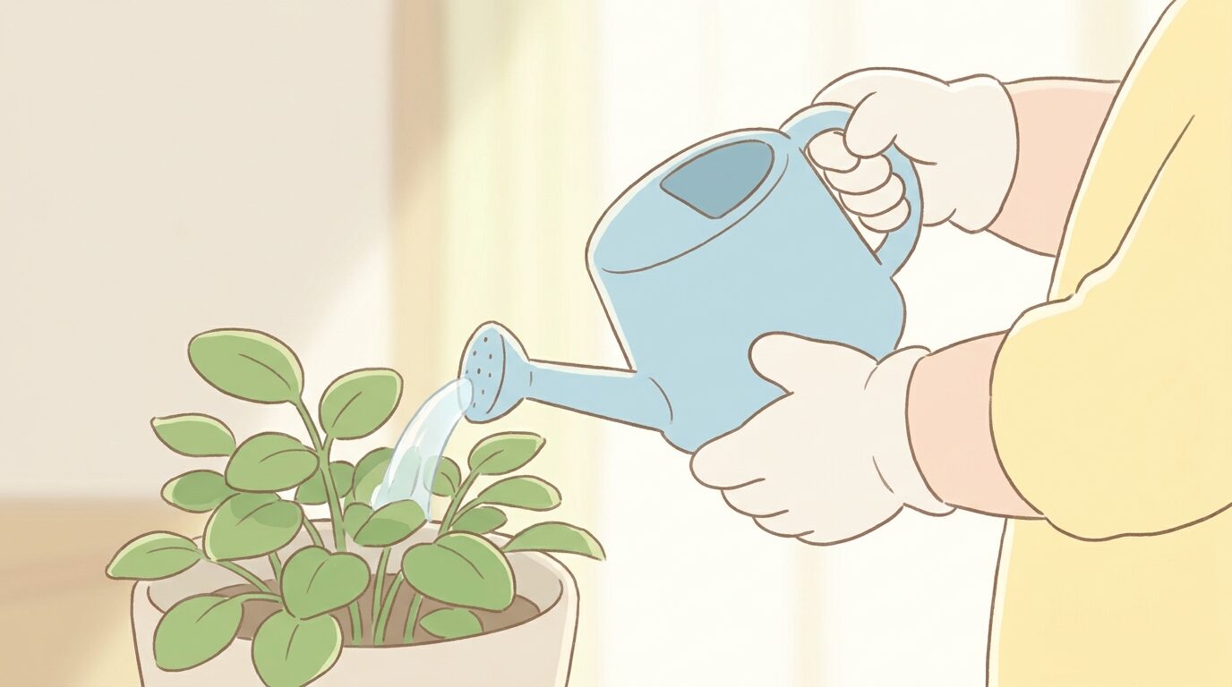 小さなジョウロで観葉植物に水やりをする2歳児の手元のアップ、やわらかな自然光
