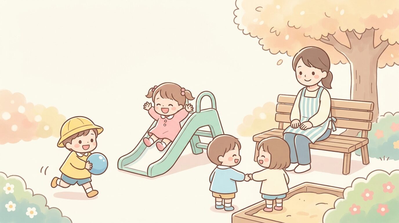 園庭で笑顔で遊ぶ3歳くらいの子どもたちと、それを優しく見守る保育者
