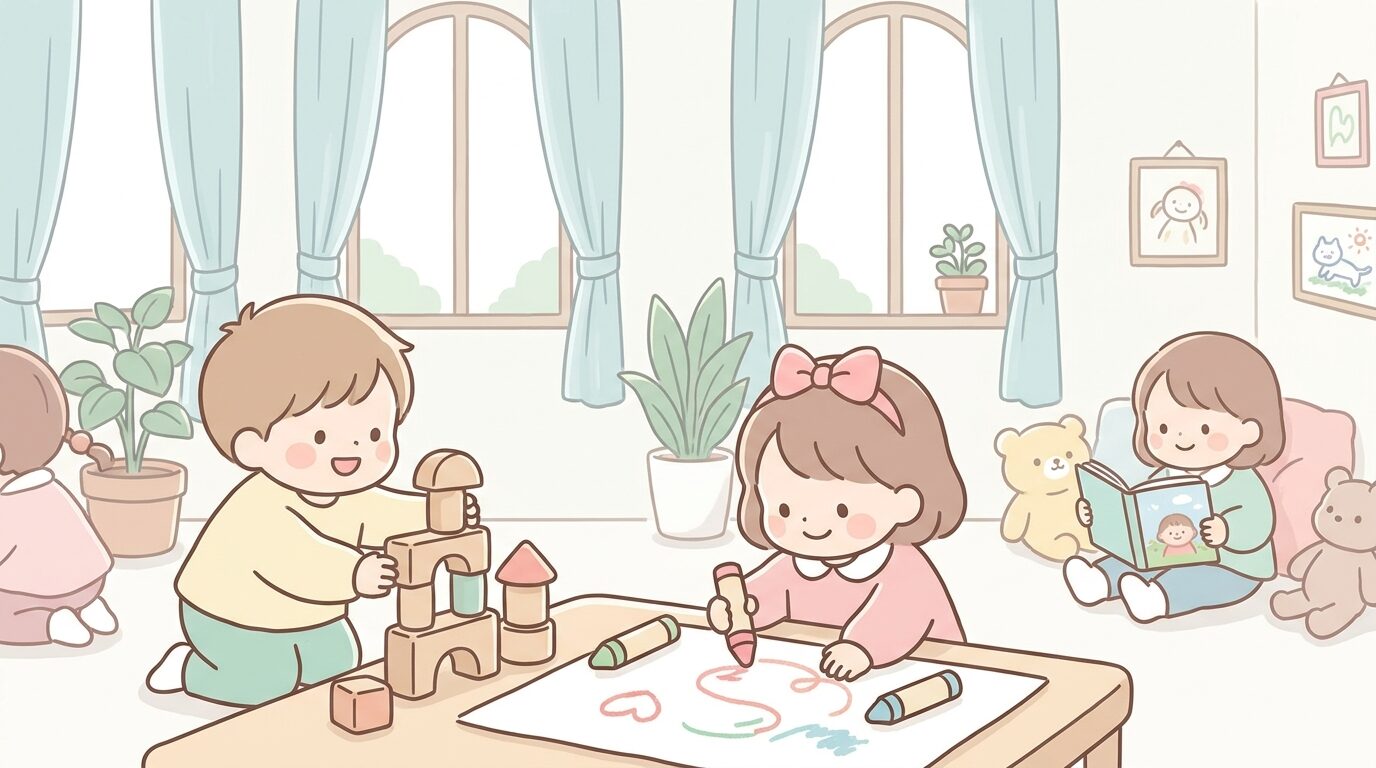 室内で積み木やお絵かきなど、それぞれ好きな遊びに夢中になっている園児たち
