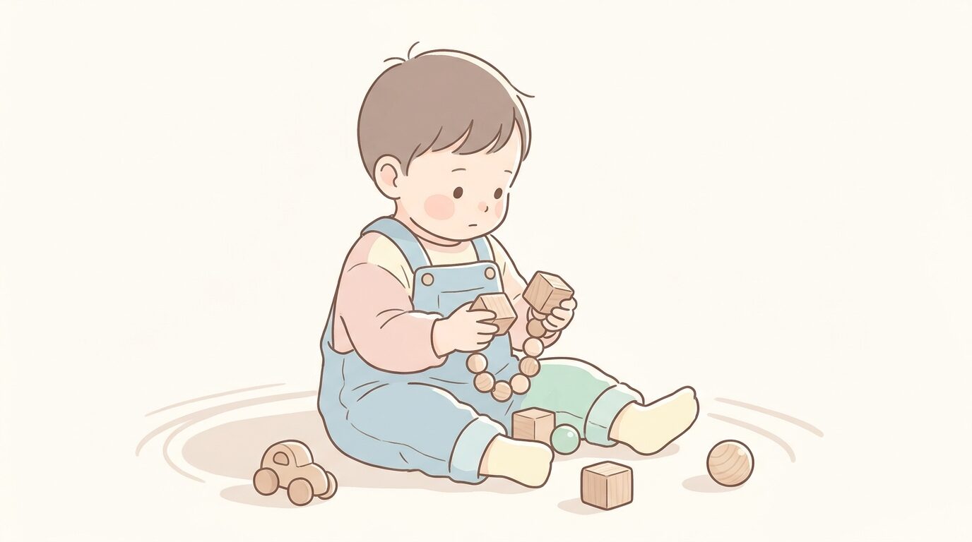 ナチュラルな木製の教具を手に取り、真剣な表情で遊びに集中する幼児