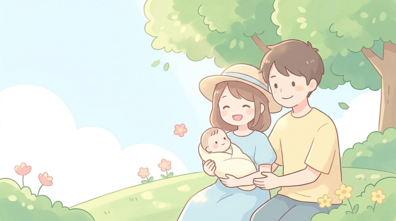 緑豊かな公園で赤ちゃんを抱っこしながら笑顔で過ごす若い夫婦、晴れた日の柔らかな光