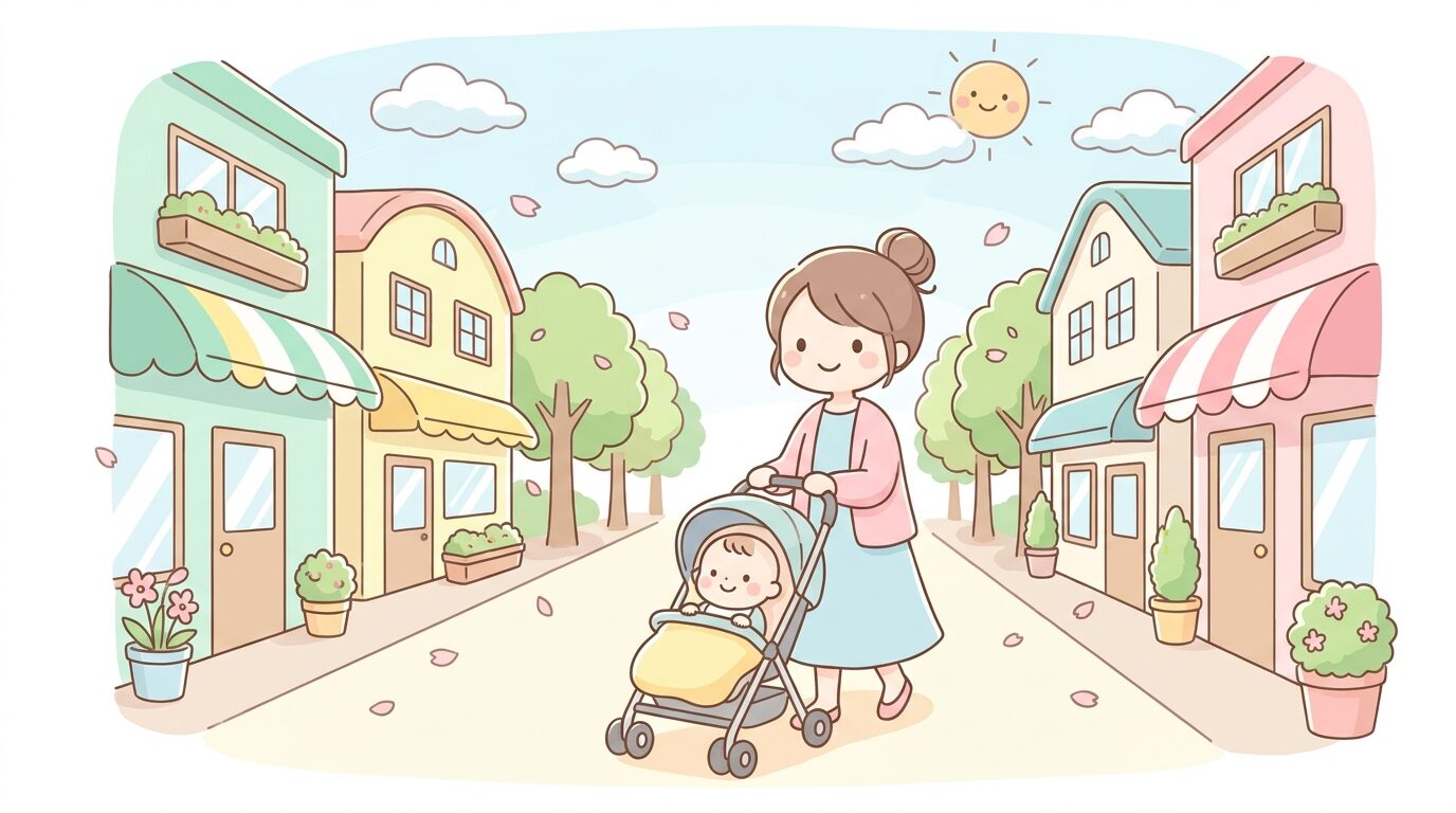 ベビーカーを押して商業施設のある明るい街並みを歩く母親と赤ちゃん