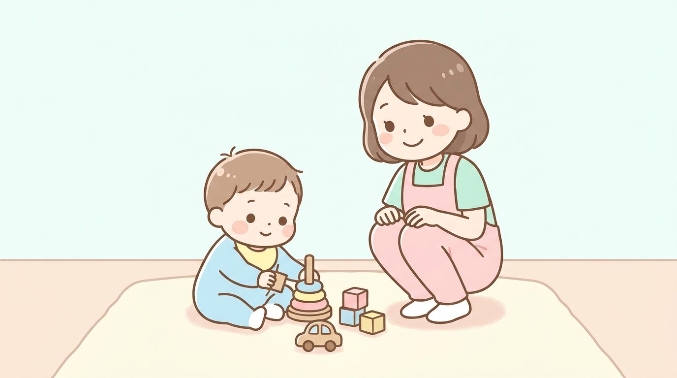 児童館の室内で木製のおもちゃを使って遊ぶ1歳くらいの幼児と見守る保育士