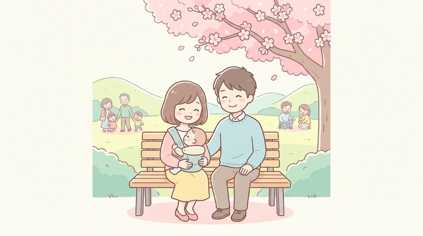 大阪の公園で赤ちゃんを抱っこしながら笑顔で過ごす若い夫婦、晴れた春の昼下がりの明るい雰囲気