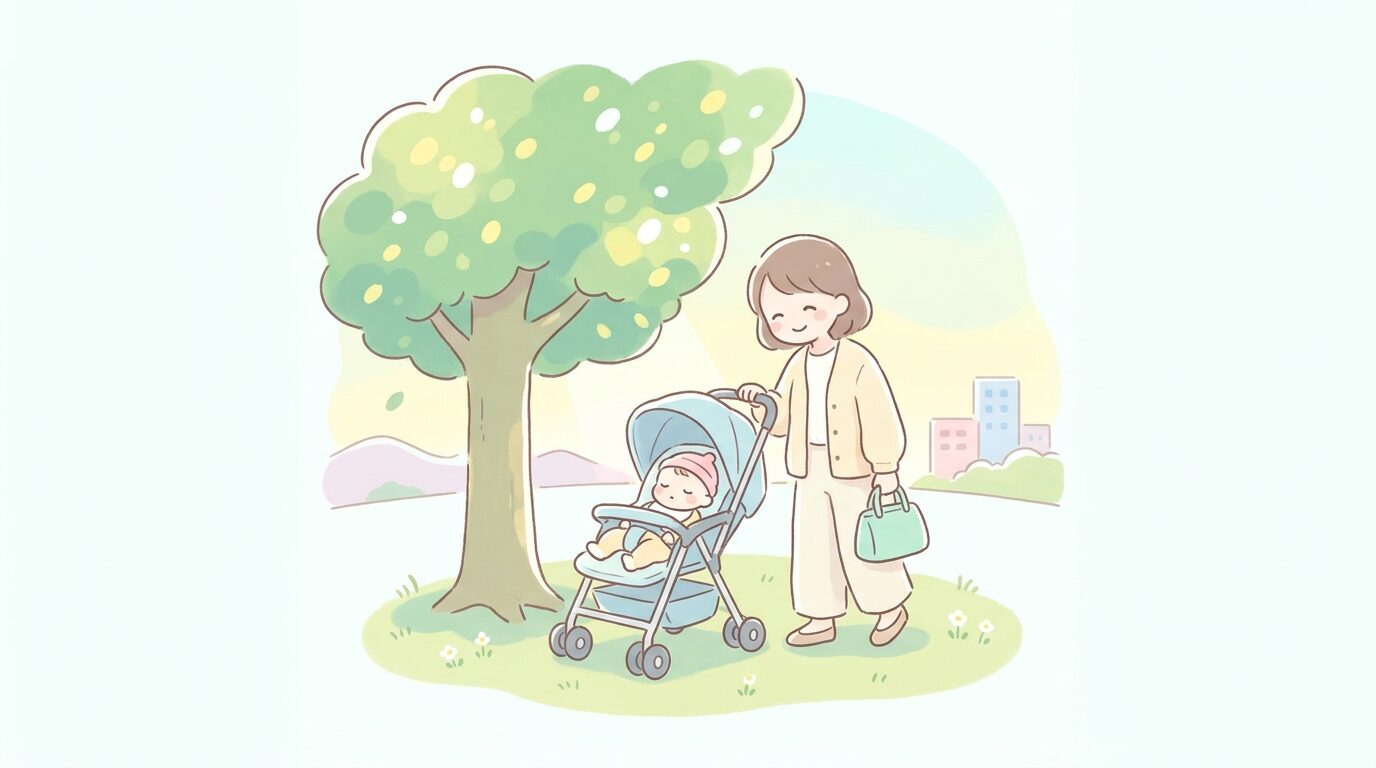 緑豊かな公園のベビーカーで眠る赤ちゃんと、それを見守る母親の穏やかな表情、木漏れ日のさす午前中