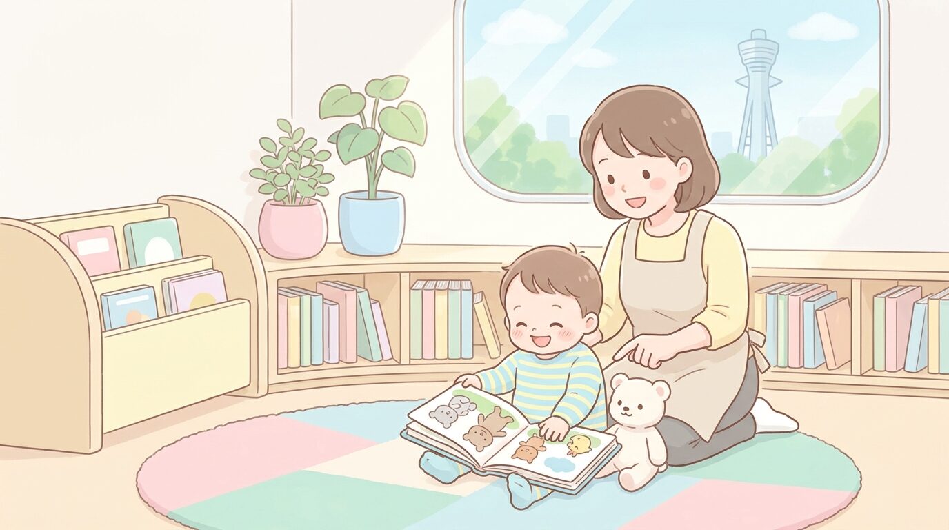 大阪市内のおしゃれな子育て支援施設で、絵本コーナーで遊ぶ1歳児と笑顔の保育士