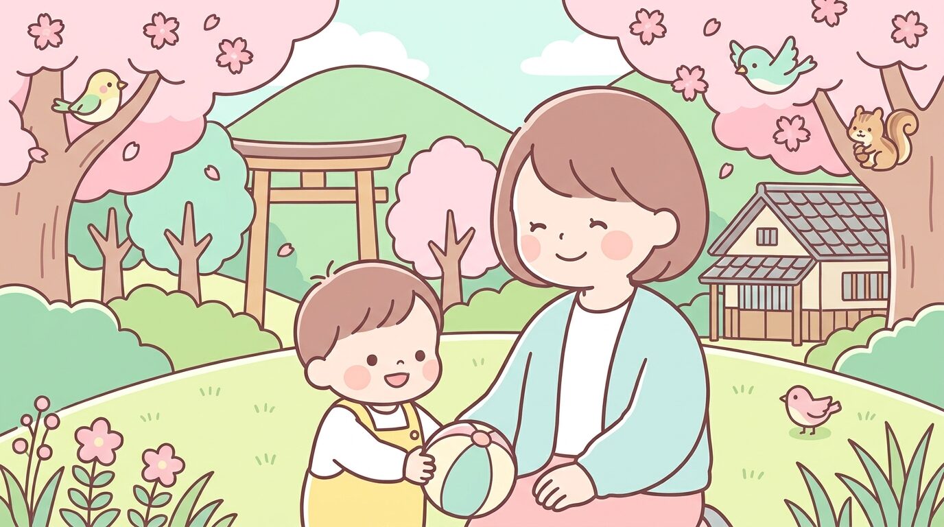 京都の住宅街の公園で笑顔で遊ぶ親子、背景に緑が広がる穏やかな午後の風景