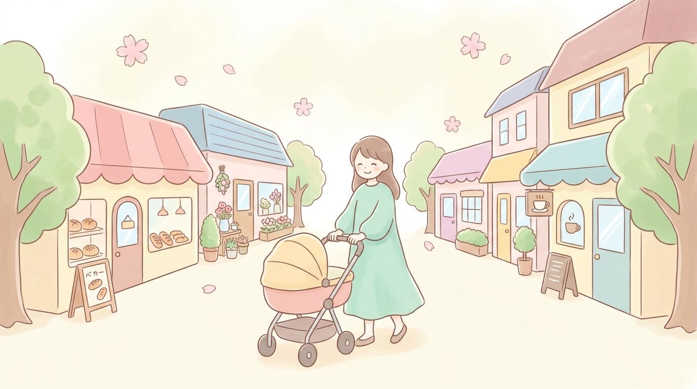 ベビーカーを押しながら駅前の歩道を歩く若い母親、周囲に商店が並ぶ生活感のある街並み