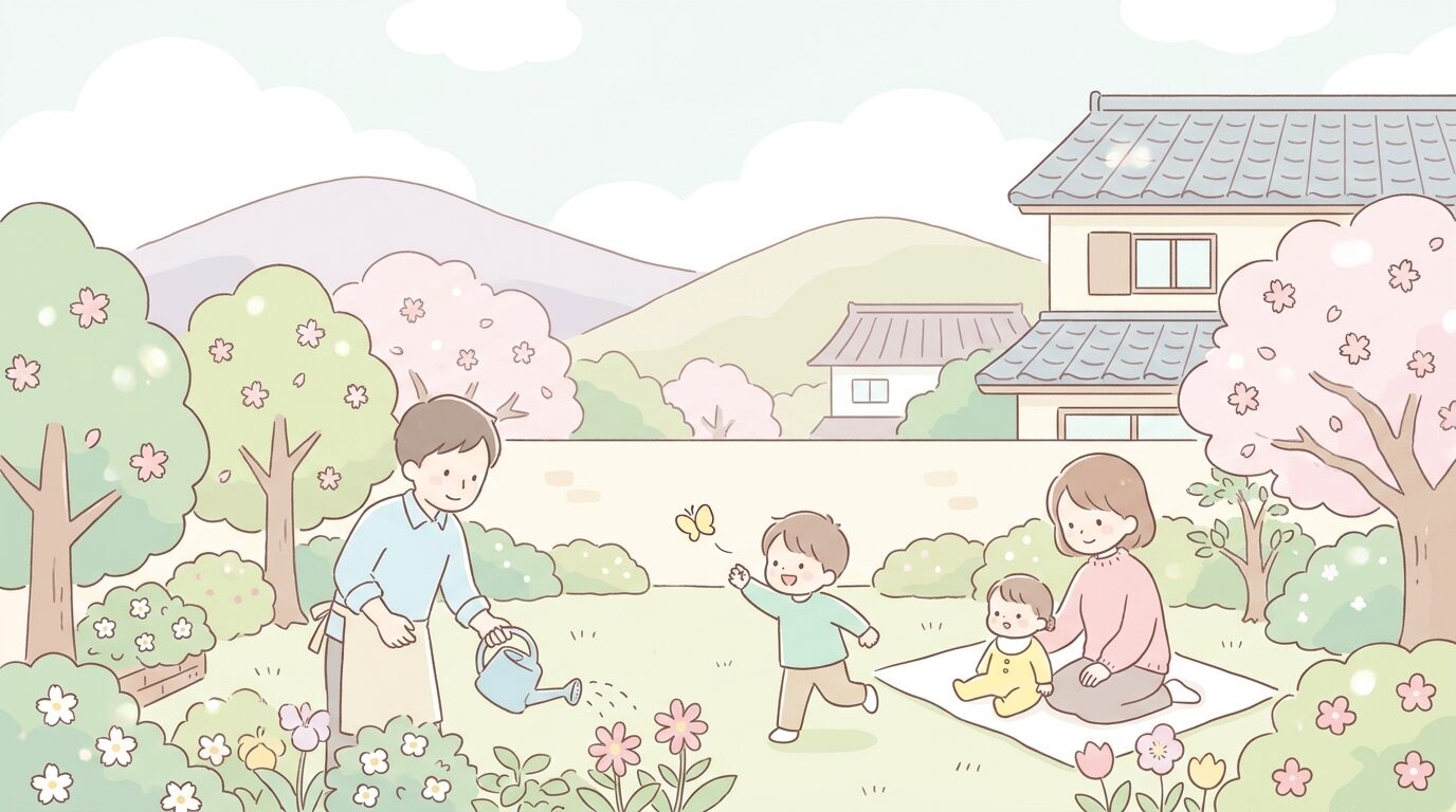 緑あふれる京都郊外の住宅街で、庭先で子どもと一緒に過ごす家族のあたたかい日常風景