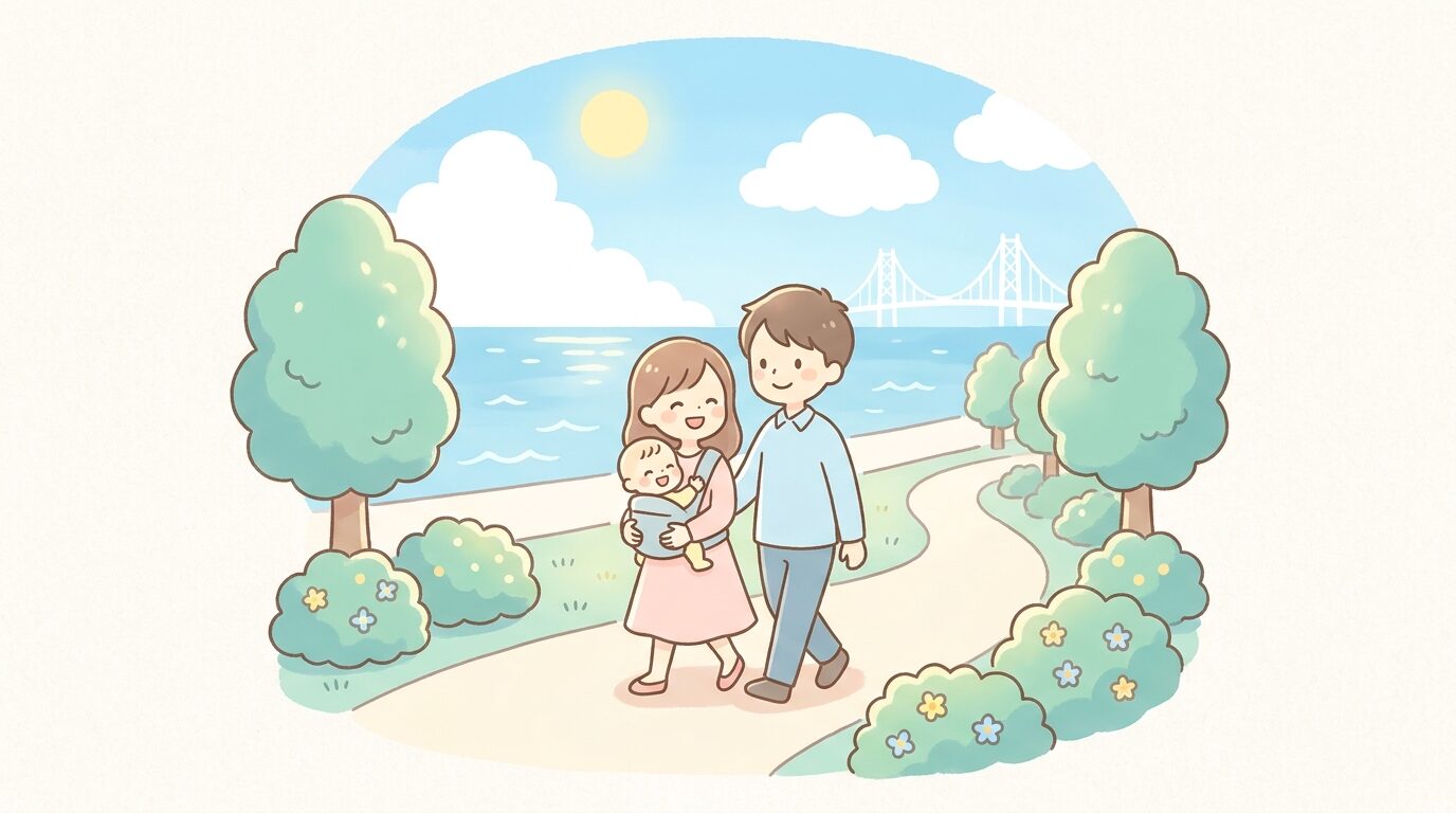 兵庫県の海沿いの公園で赤ちゃんを抱っこしながら笑顔で散歩する若い夫婦、晴れた青空