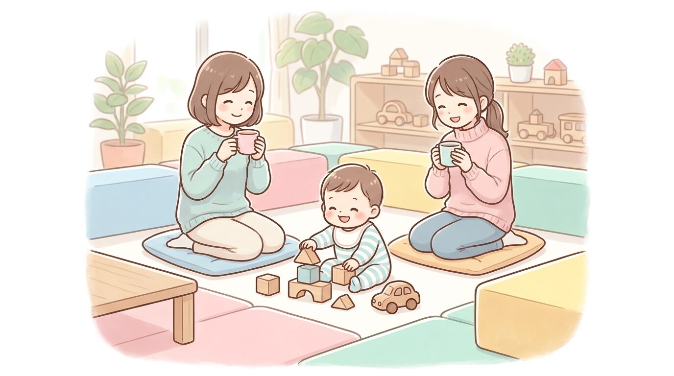 室内の子育て交流スペースで木のおもちゃで遊ぶ1歳くらいの赤ちゃんと見守るママたち