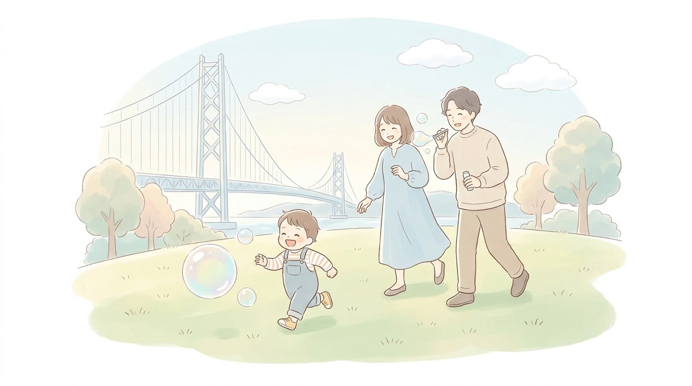 明石海峡大橋を背景に芝生の公園でシャボン玉を追いかける2歳くらいの子どもと家族