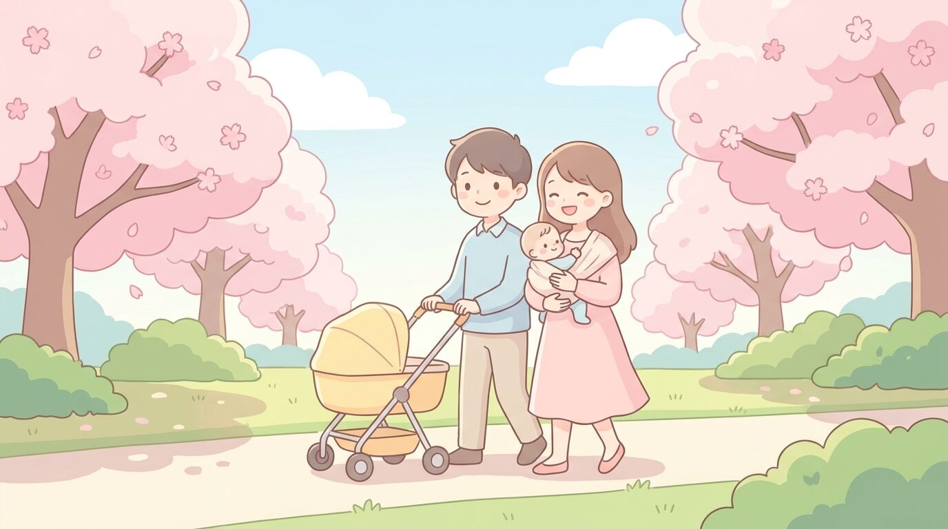 福岡市内の緑豊かな公園で赤ちゃんを抱っこしながら笑顔で散歩する若い夫婦、晴れた春の午後の柔らかな雰囲気